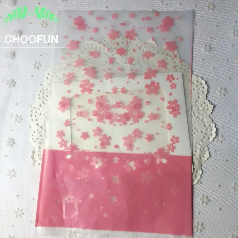 

100pcs PE Transparent Frosted Pink Fresh Mini Cherry Blossoms Print Gift Packaging Bags Bread Candy and Cookie Baking Bag BZ067