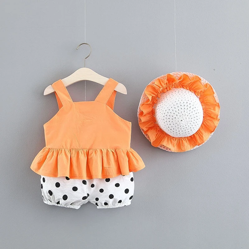 

2019 Summer Beach Baby Girls Sleeveless Vest Blouse Tops + Polka Dot Shorts + Sunhat Cute Clothing Sets Infant Kids 3Pcs Suits