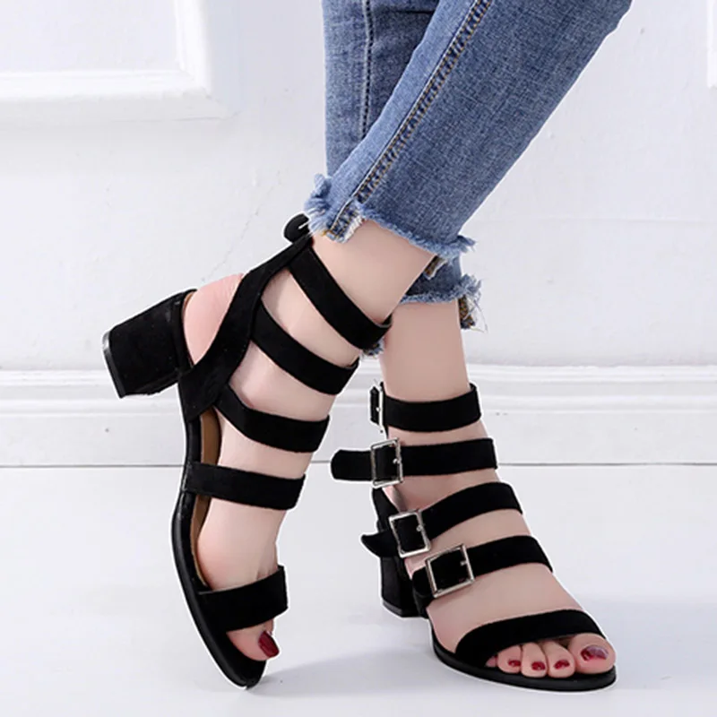 

Plus Size 35-43 Gladiator Sandals Summer Style High Top Sandal High Heels Woman Shoes Buckle Narrow Band sandalias mujer 7503