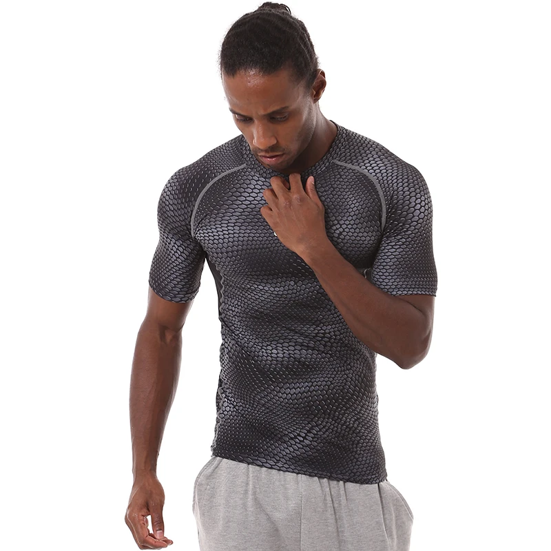 

5244J-Workout fitness men Short sleeve t shirt men thermal muscle bodybuilding wear compression Elastic Slim exercise clothing
