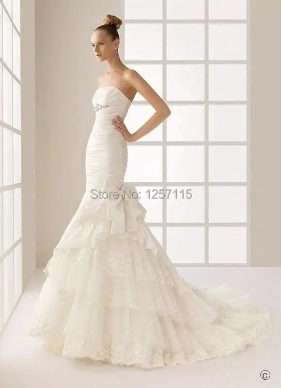 204 Free shipping QIE-4463 Charming Mermaid Strapless Beadling Bow Teffeta Lace Write/Ivory Vintage Wedding Dress Custom-made | Свадьбы и
