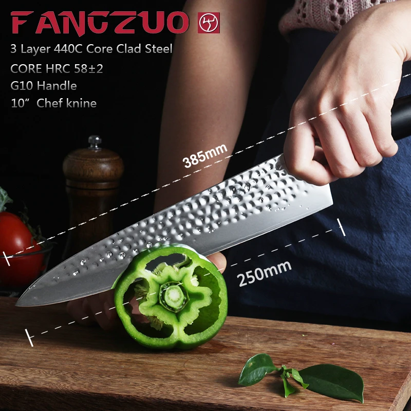 FANGZUO 10 ''кухонные ножи шеф-повара из нержавеющей стали 3 слоя 440C ядро клада Сталь G10 ручка высокого качества овощной нож для мяса