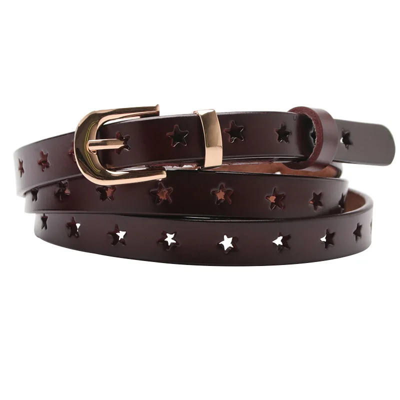 

2019 new leather belt female five-pointed star hollow Joker sweater culottes decorated with pure leather knot small belt
