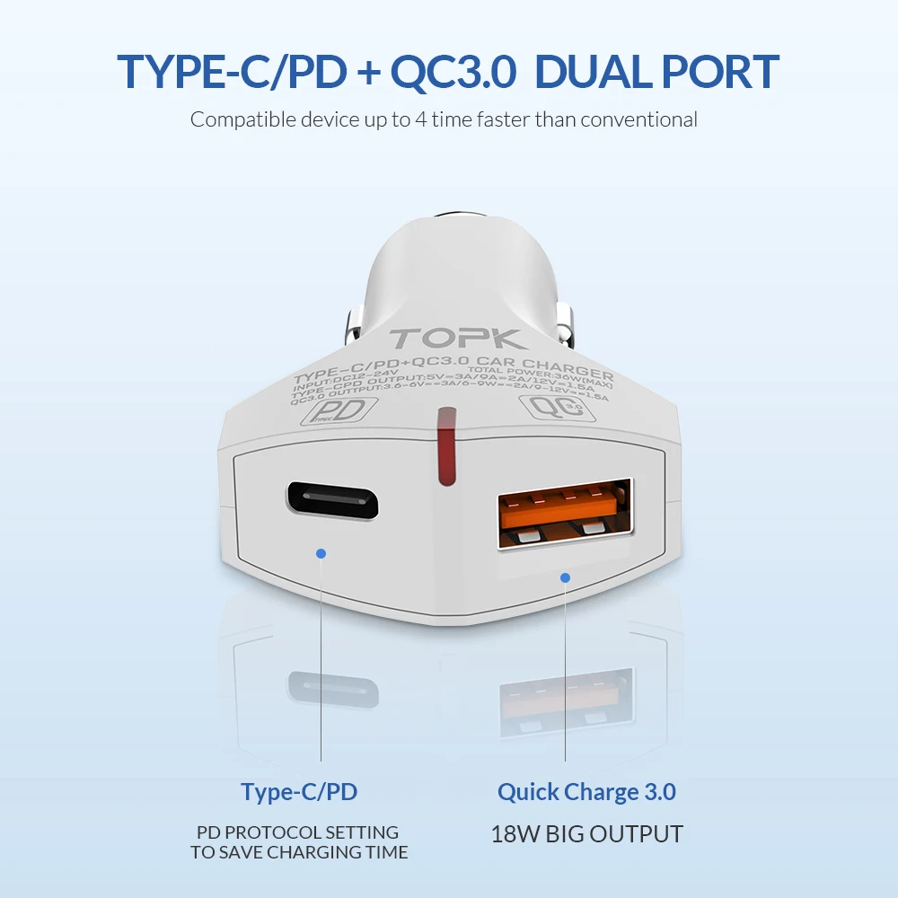 TOPK شاحن سريع 3.0 PD USB شاحن سيارة للهاتف المحمول شاحن USB نوع C سريع سيارة-شاحن آيفون سامسونج محول في سيارة