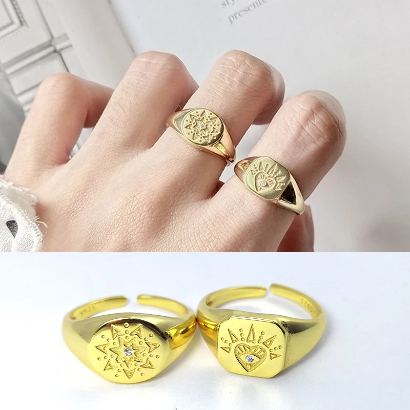 

Heart Shine Ring 100% 925 Sterling Tiny Star Ray Pattern Open Ring For Women Round Square Gold Ring Fashion Jewelry Accessories