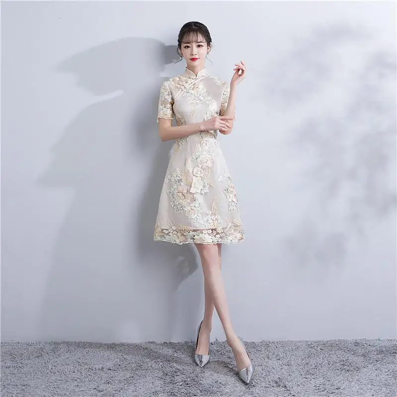 Традиционное китайское женское платье воротник стойка Мини Qipao вышивка цветочный элегантное для девочек Cheongsam Vestidos S M L XL XXL - Цвет: Style 2