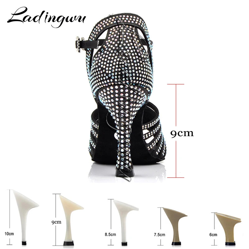 Ladingwu NEW Ballroom Dance Shoes Glitter Small Austrian Drill Latin Dance Shoes for Women Black Satin Salsa Dancing Shoes