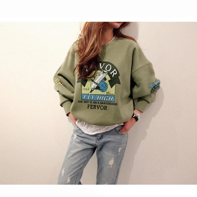 

Autumn Winter Fleece Pattern Letter Harajuku Print Pullover Thick Loose Women Arm Green Hoodies Sweatshirt Female Casual Coat