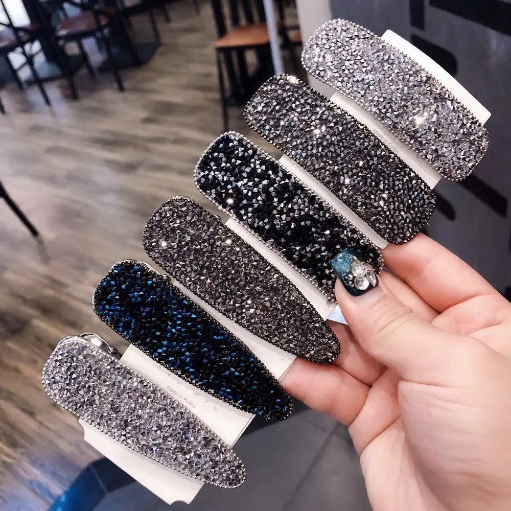 

2019 trendy ladies korean crystal barrette female handcraft silver blue black women handmade hairwear hairpin SP036