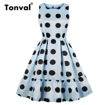 

Tonval Ruffle Hem Light Blue with Black Polka Dot Pinup Dress Women Summer Pocket Side Fit and Flare Pleated Vintage Dresses