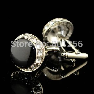 

Free shipping Button Cufflinks black color top crystal round design hotsale copper material cufflinks whoelsale&retail