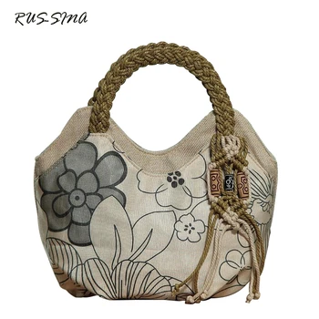 

New Fashion Women Canvas Ethnic Handbag National Casual Tote Knitted Handle Zipper Silt Pocket Bag Bolsas YNS-TG-134