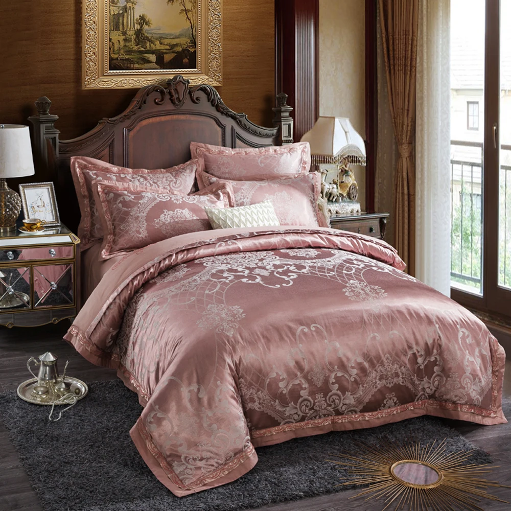 

Bed linings Satin Jacquard 4pcs Bedding Set Cotton Duvet Cover Flat Bed sheet Bedline full queen king size Bedclothes set Home