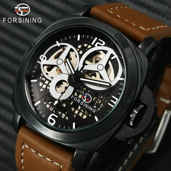 

FORSINING Fashion Men Auto Mechanical Watch Brown Leather Strap Skeleton Dial 3D Index Design Top Brand Luxury Wrist Watches