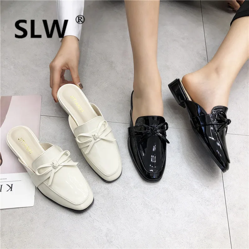 

square toe patent leather lazy slides korean style flat bowtied casual mules women spring new closed toe slippers 2019 flat
