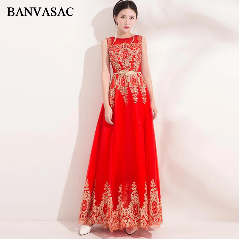 

BANVASAC 2018 Crystal O Neck Sequined Leaf Sash A Line Long Evening Dresses Vintage Lace Embroidery Party Prom Gowns