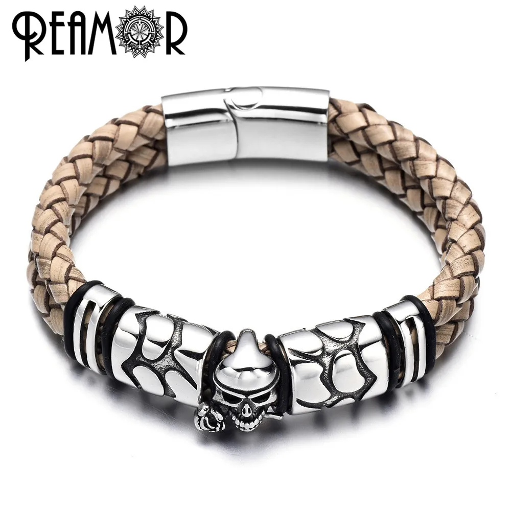 

RUIMO Fashion Double Braided Genuine Leather Male Bracelet 316l Stainless Steel Rose Skull Head Beads Bracelet For Men Jewelry