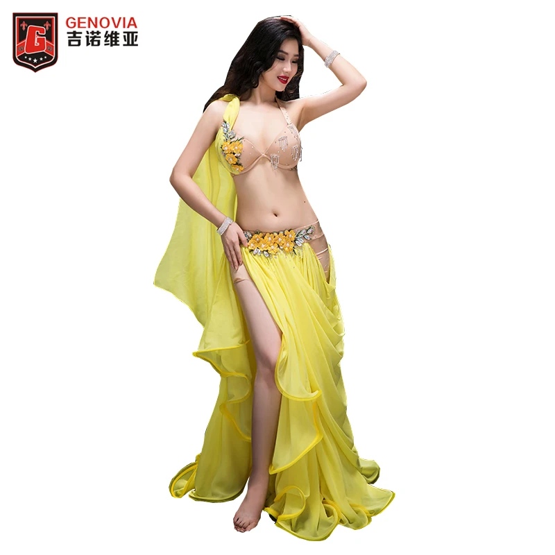 

High quality belly dance costume wear stage performance Handmade 2pcs suit Bra&Long skirt Luxury Women Belly Dance Colour Yellow