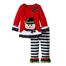 Домашняя одежда для маленьких девочек с изображением снеговика, украшено бантом, кружевной красный топ с длинными рукавами, черные штаны в