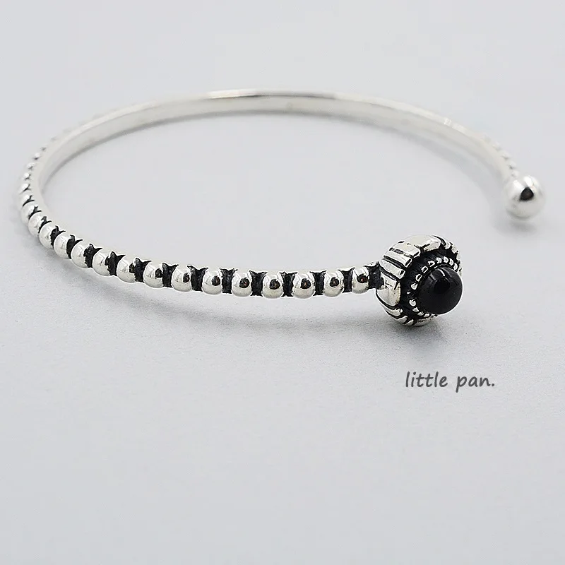 

S925 Sterling Silver Bracelet female Korean Style retro twist chic round black zircon open bracelet