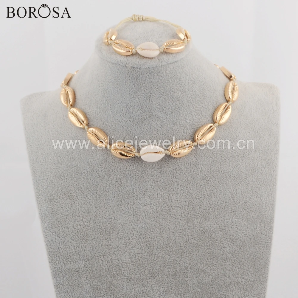 

BOROSA 5Sets Handcrafted Gold Color Cowrie Shell Natural Seashell Adjustable Bracelet Necklace Jewelry Sets for Wholesale WX1094