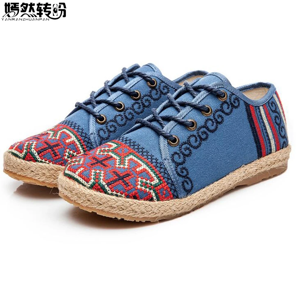 

Vintage Women's High Top Linen Sneakers Ethnic Lace-up Embroidered Flat Platform Shoes Woman Thick Hemp Casual Shoes