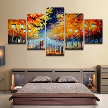 

Modern Home Room Decor 5 Panel Abstract Oil Painting Lover In Rain Umberlla Painted On Canvas For Wall Art Decoration
