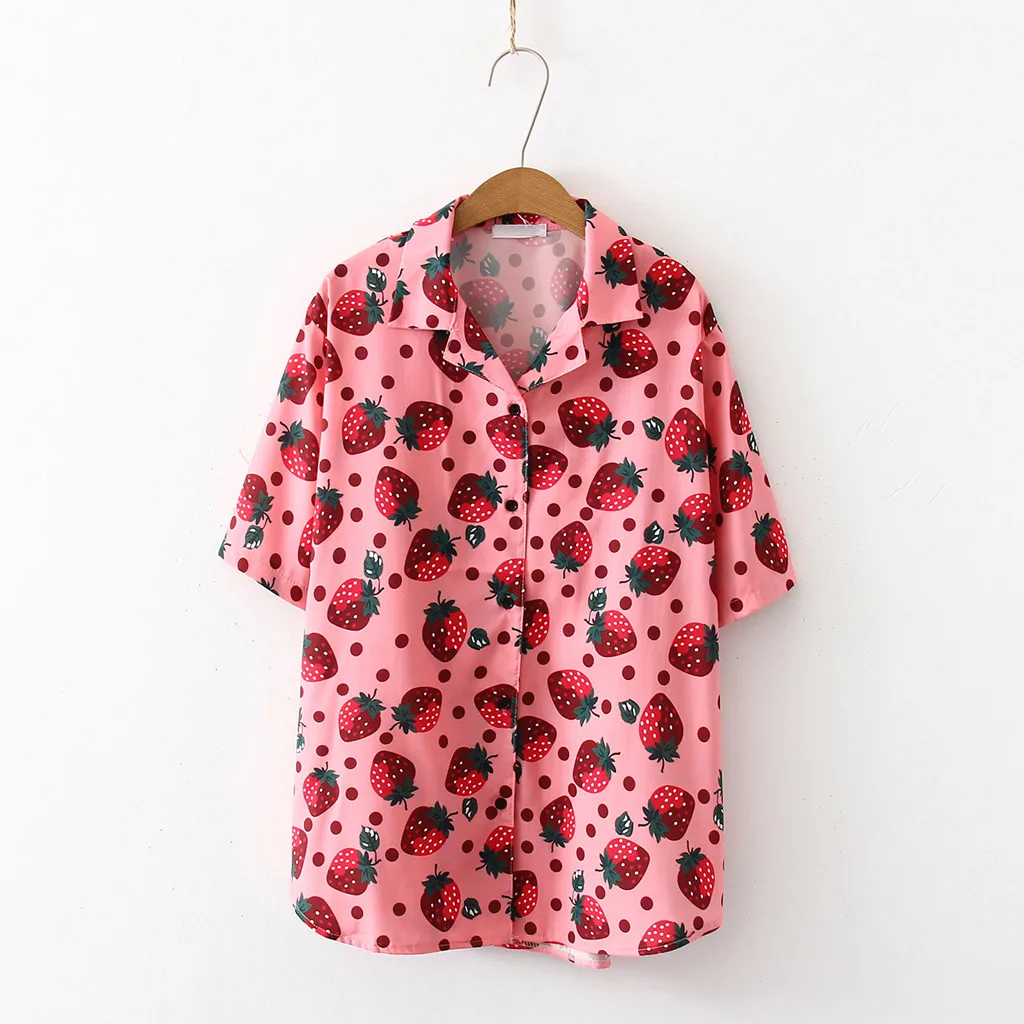 

Korean Style Women Clothes 2019 Fashion Streetwear Short Sleeve Strawberry Printed Turn-down Collar Shirts Casual Loose Cardigan