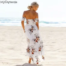 Boho Chic style Maxi dress women Off shoulder Beach Summer dress Floral print Chiffon White Long dress Vestidos de festa