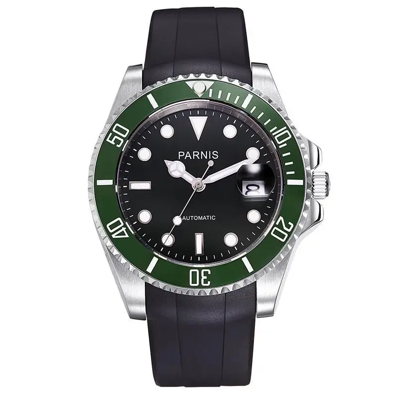 

40mm Parnis Green Bezel Black Dial Automatic Sapphire Rubber Strap Watch