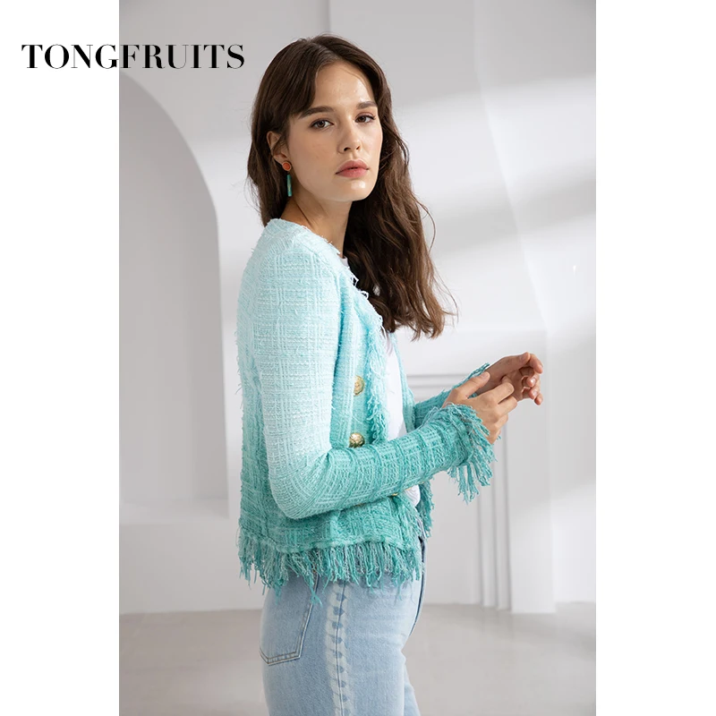Spring Autumn Office Lady Women Gradient Blue Coats Irregular Outwears Double Breasted Cardigan Short Slim Tassel Jackets