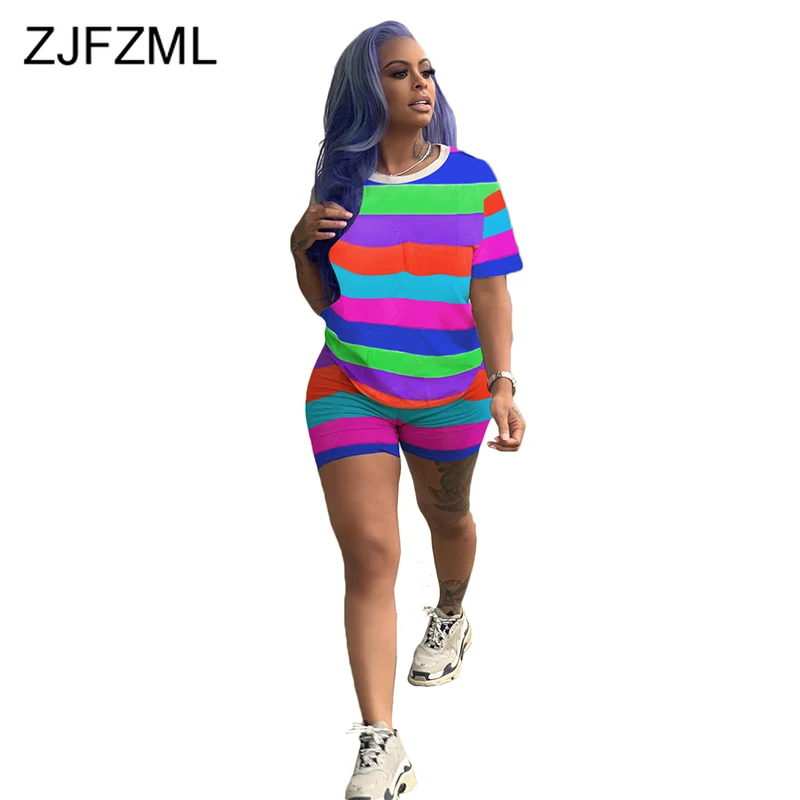 

Rainbow Striped Plus Size 2 Piece Set Women Clothes Short Sleeve Top And Bodycon Shorts Summer Outfit Casual Two Piece Tracksuit