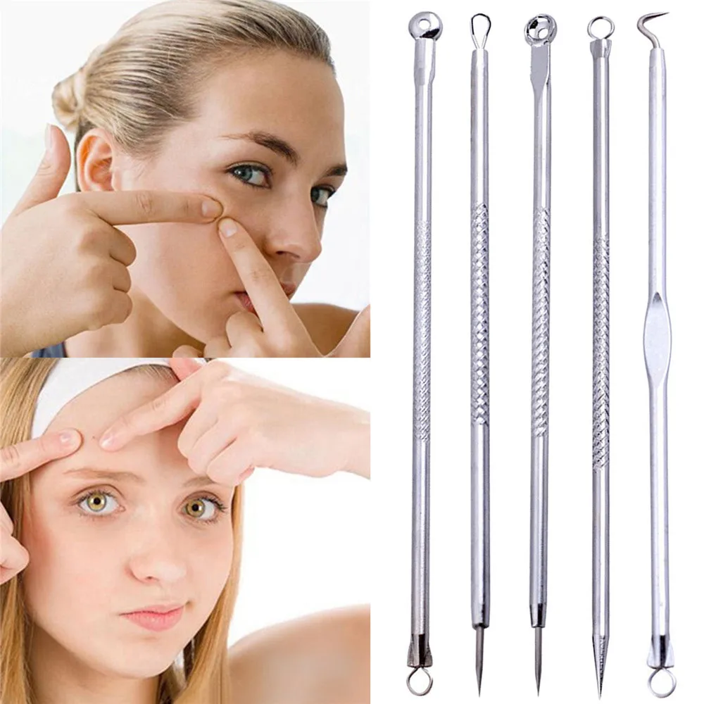 

5pc Stainless Steel Acne Extractor Removing Tool Face Skin Care Blackhead Blemish Pimple Remover Comedone Extract Ance Needle