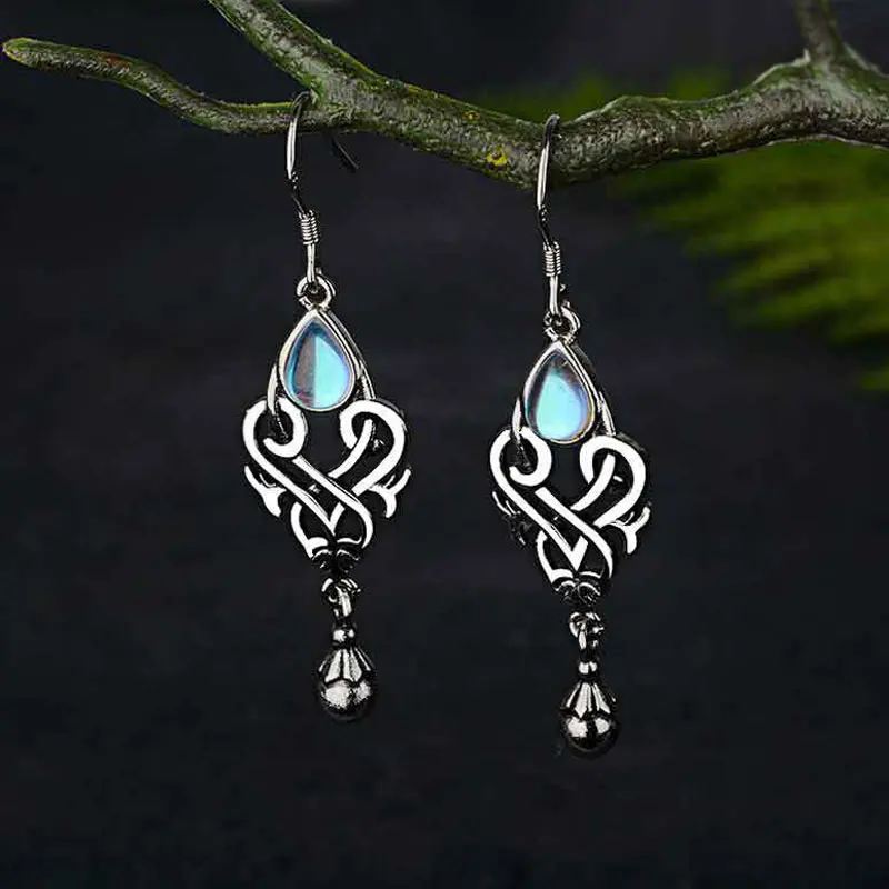 

2019 New Rero Moonstone Drop Dangle Hanging Earrings for Women Copper Ear hollowed-out Jewelry Boho Accessories