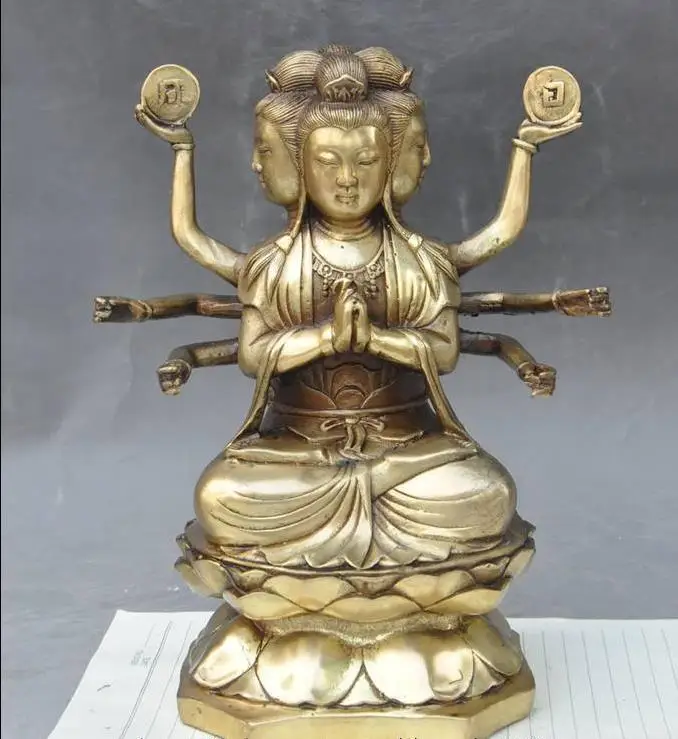

671115437++++9" tibetan buddhism fane brass 4 Head 8 Arms KwanYin Bodhisattva Goddess statue