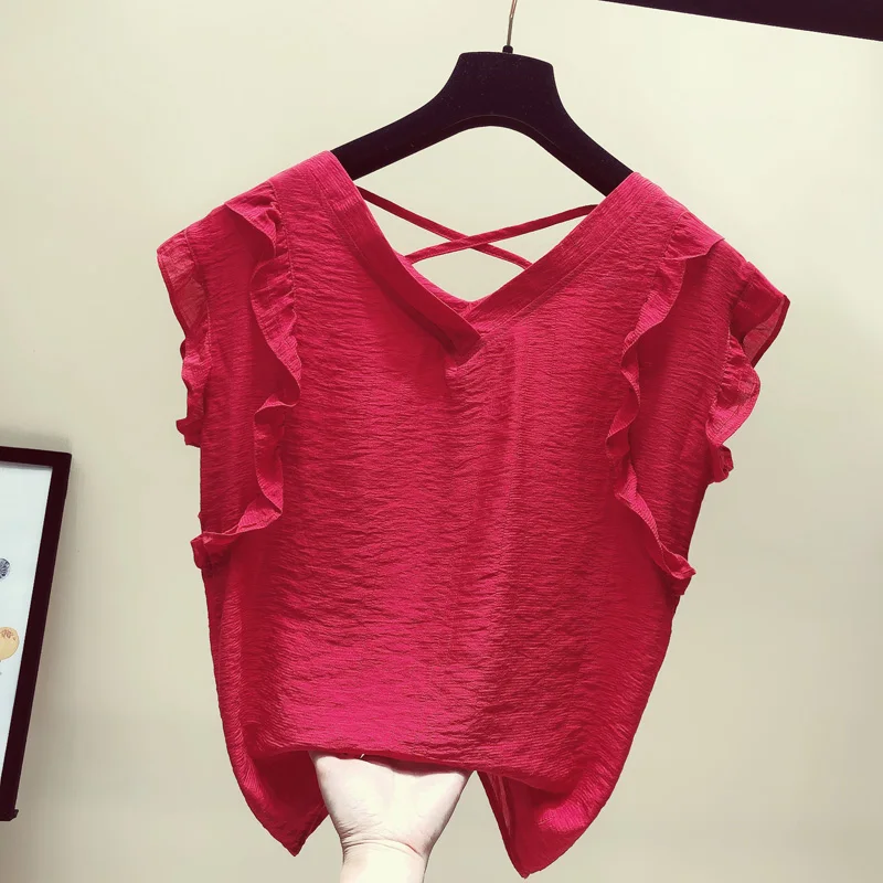 

2019 Summer Korean style Fashion Women V Neck Ruffles Sleeveless shirts Female Blouse Shirt A1168