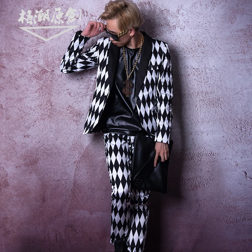 

Suit Men Trend New Singer Dj New Black And White Plaid Suits Set Night Club Bar Hairdresser Stage Costumes Wedding Suits For Men