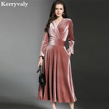 

Peacock Blue Velvet Maxi Dress Winter Dresses Women 2020 Vestido Longo V-neck Big Pendulum Long Evening Party Dresses K323780