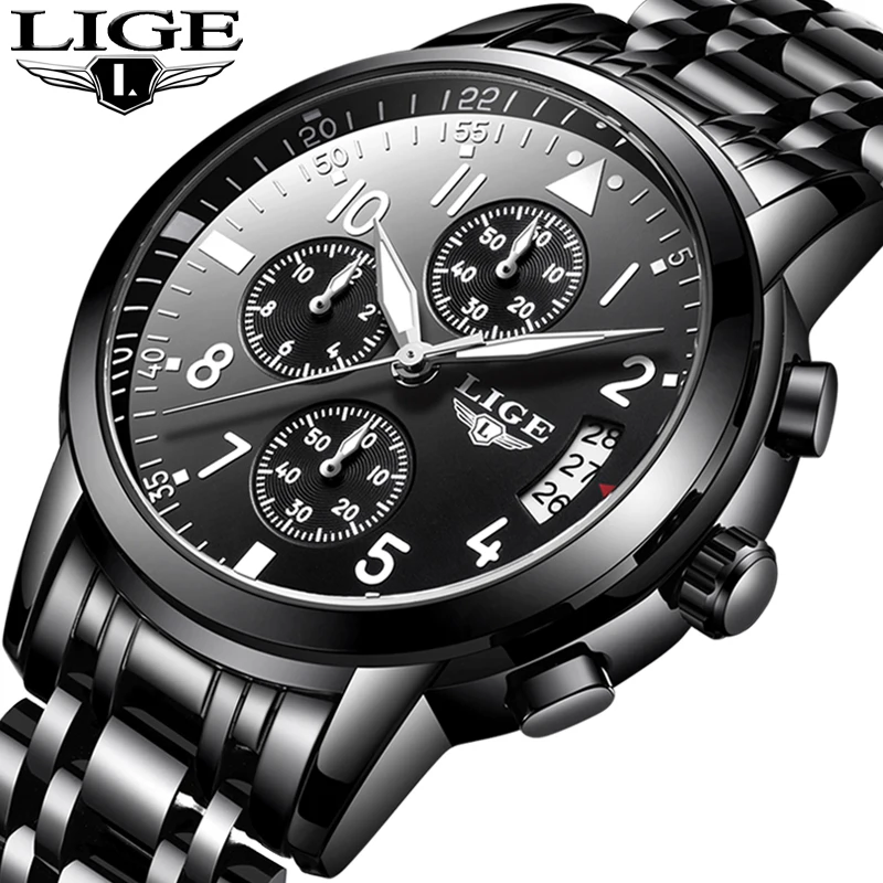LIGE Top Luxury Brand Men Sport Quartz Watch Full Steel Black Mens Watches Dress Business Fashion Waterproof Military Male Clock