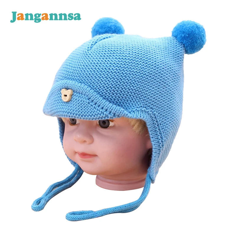Knit Baby Hats Ear Protection Boys Hats Dual Balls Solid Boys Girls