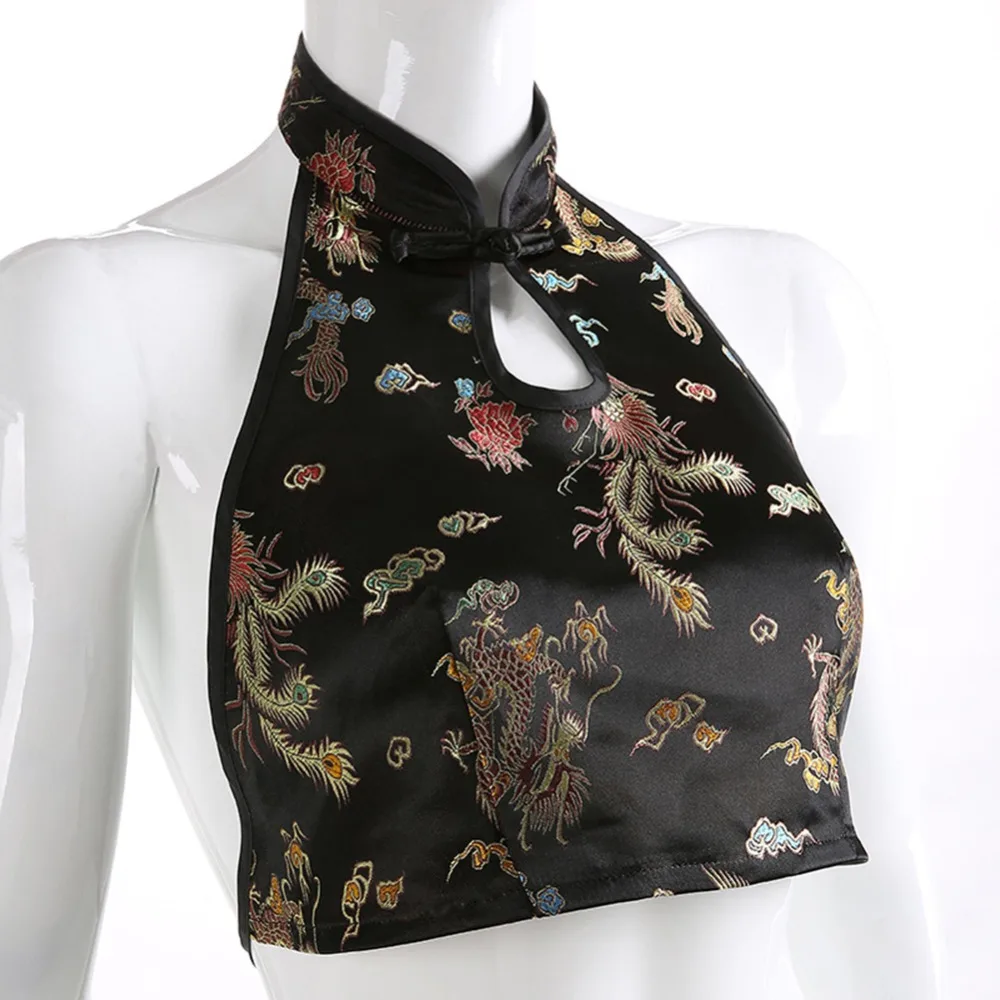 Женский винтажный укороченный топ с вышивкой Cheongsam на шнурках бретелькой через