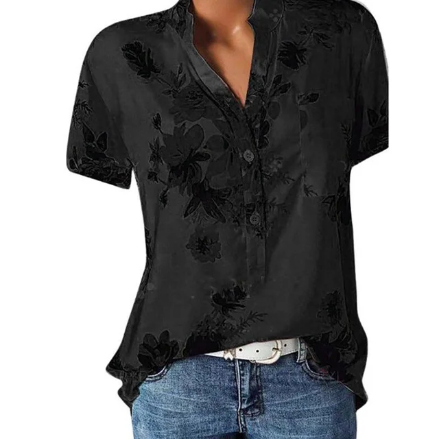 Elegant women's shirt printing large size casual shirt fashion V-neck short-sleeved shirt blouse black