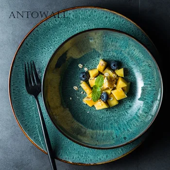 

ANTOWALL European green peacock whorl Western tableware steak plate pasta dish ceramic plate salad plate big soup bowl