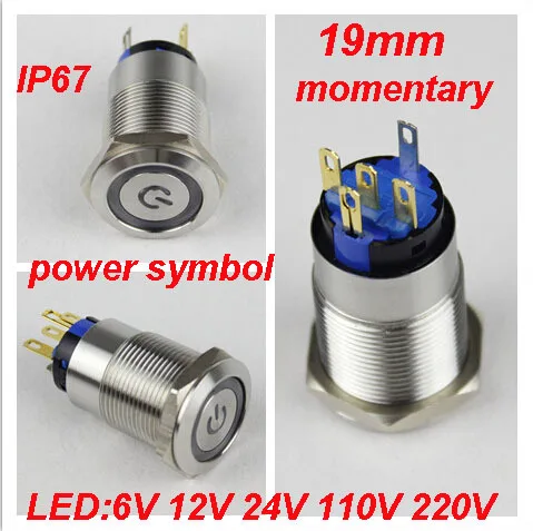 

1pcs switch light 19mm illuminated push button switch anti-vandal reset momentary with led power symbol head shipping free