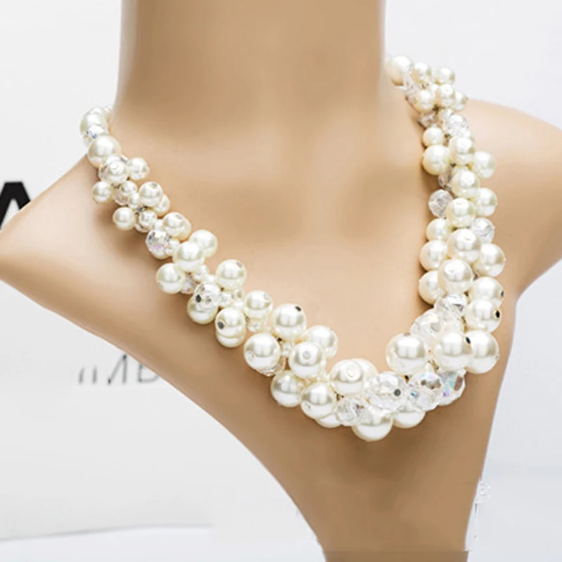 Newest Women Luxury Chunky Ivory Simulated pearls Clear Beads Choker