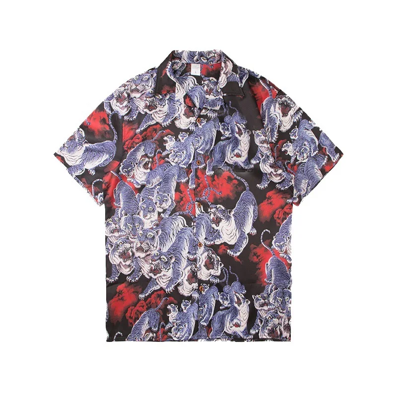 Тигровая полная печать Aloha гавайская рубашка мужские футболки с коротким рукавом Харадзюку узор летний праздник пляжный стиль уличная мужская рубашка - Цвет: Черный