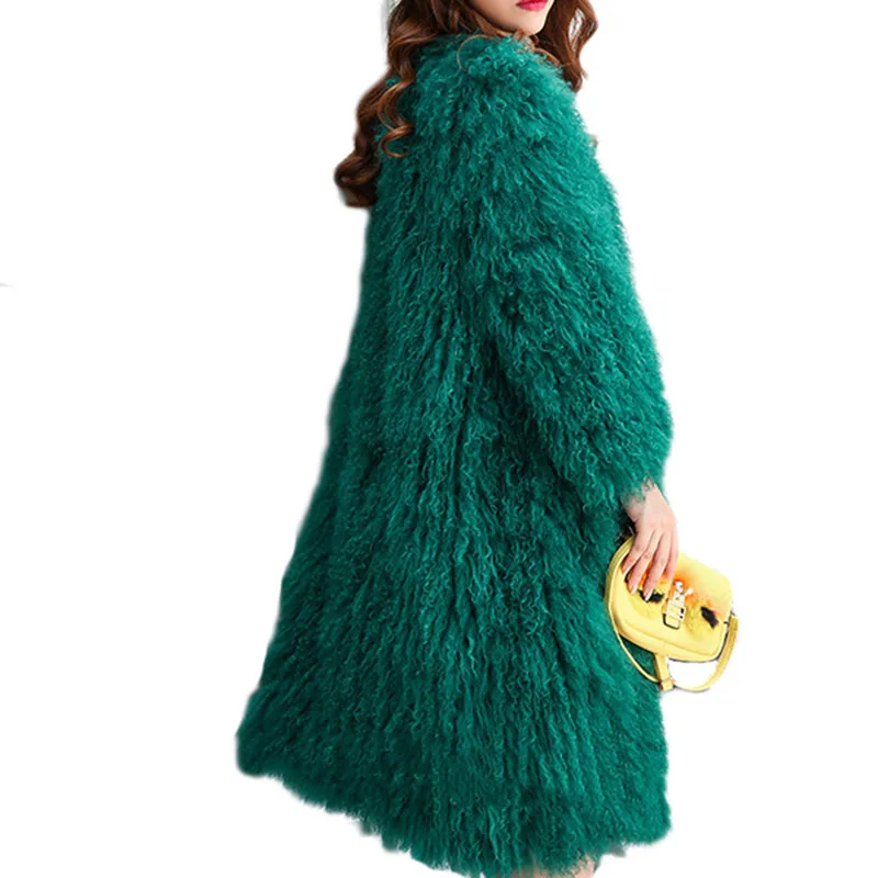 Женское пальто из натурального меха монгольской овцы, длинное стильное Брендовое Женское пальто, модная меховая куртка Верхняя одежда вязаная