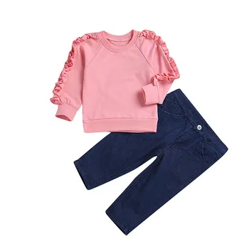 

2019 Toddler Kids Baby Girls Ruffle Pink Tops Denim Pants Clothing Sets Winter Autumn Outfits Clothes Suit for Children