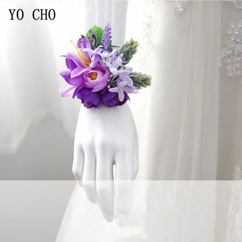 

YO CHO Wrist Corsage Purple Wedding Wrist Corsage Bracelet Bridesmaid Silk Flowers Boutonniere Men Marriage Wedding Accessories