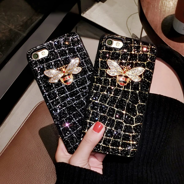 

For IPhone X XR XS MAX 8 7 6 6s Plus Samsung Galaxy Note 8 S9 S8 Plus A8 Metal 3D Bee Diamond Bling Hard Glitter Case Girl Cover